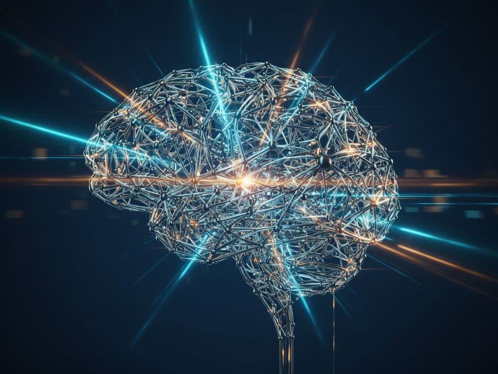 Advanced AI neural network visualization with glowing interconnected nodes forming a brain-like structure, deep navy bac