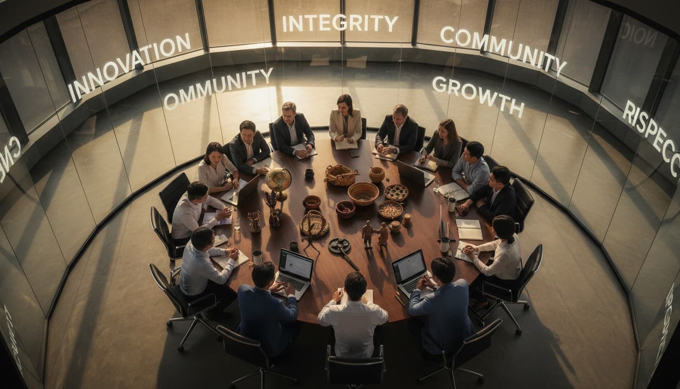 Diverse team collaborating around table symbolizing corporate culture building
