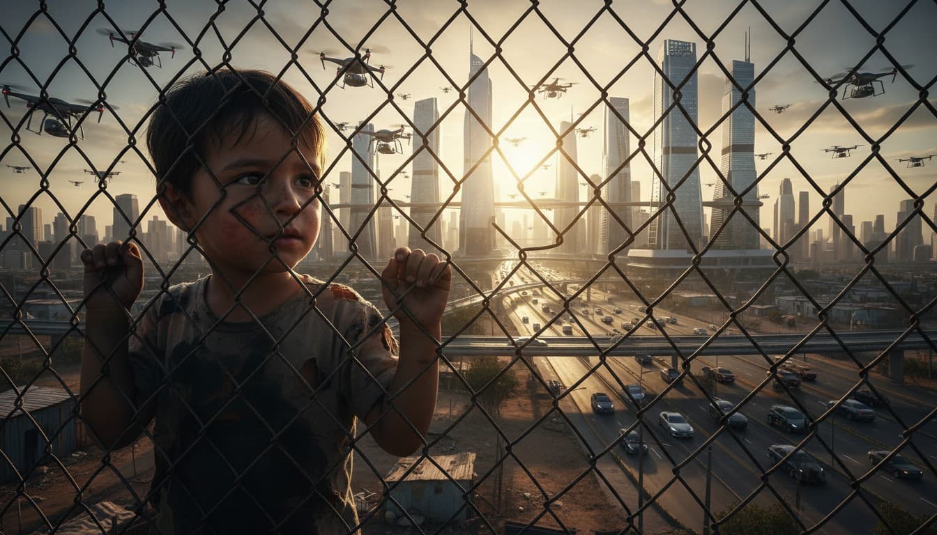 Child looking at smart city through fence - technology without social inclusion