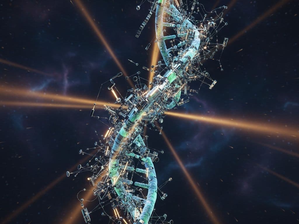 Bioluminescent DNA double helix intertwined with futuristic medical nanotechnology, floating in a deep navy void with wa