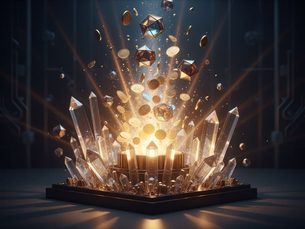 Golden coins and abstract value tokens emerging from a breakthrough invention, volumetric light rays through prism-like