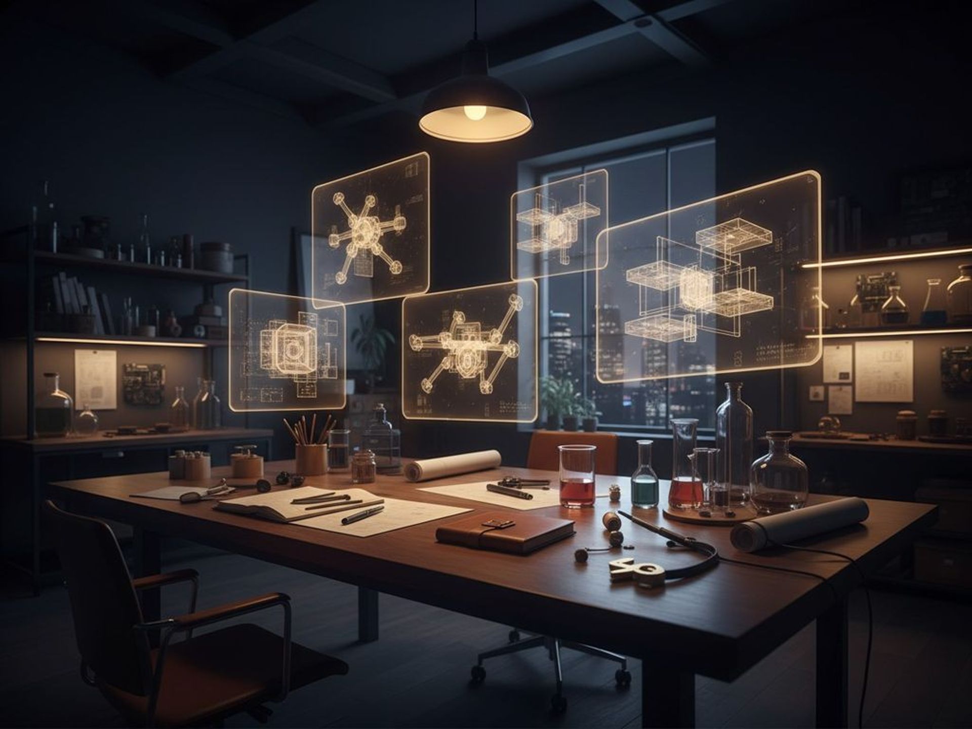 A lone inventor's workshop with holographic prototypes floating above a workbench, warm amber light illuminating creativ