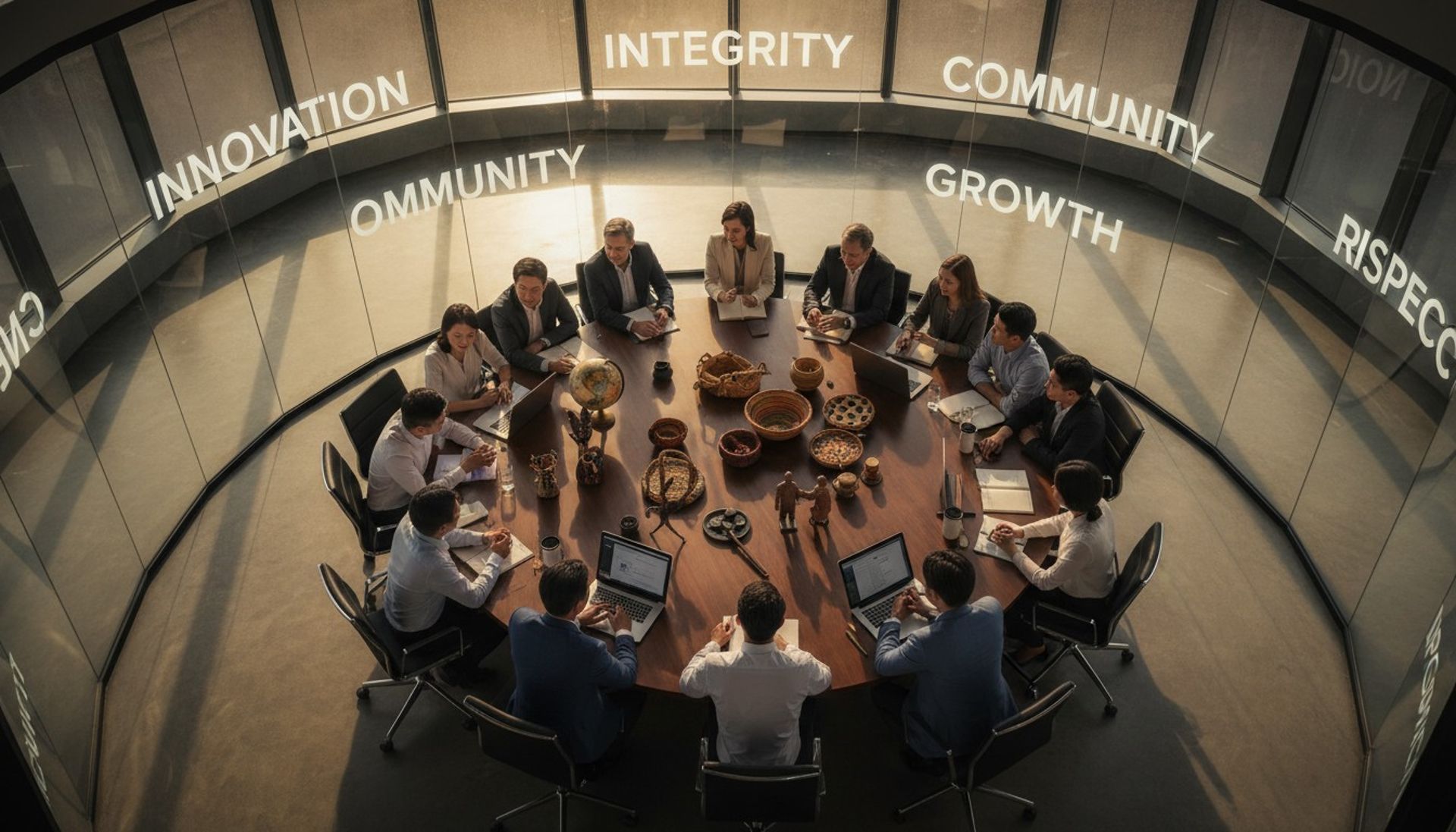 Diverse team collaborating around table symbolizing corporate culture building