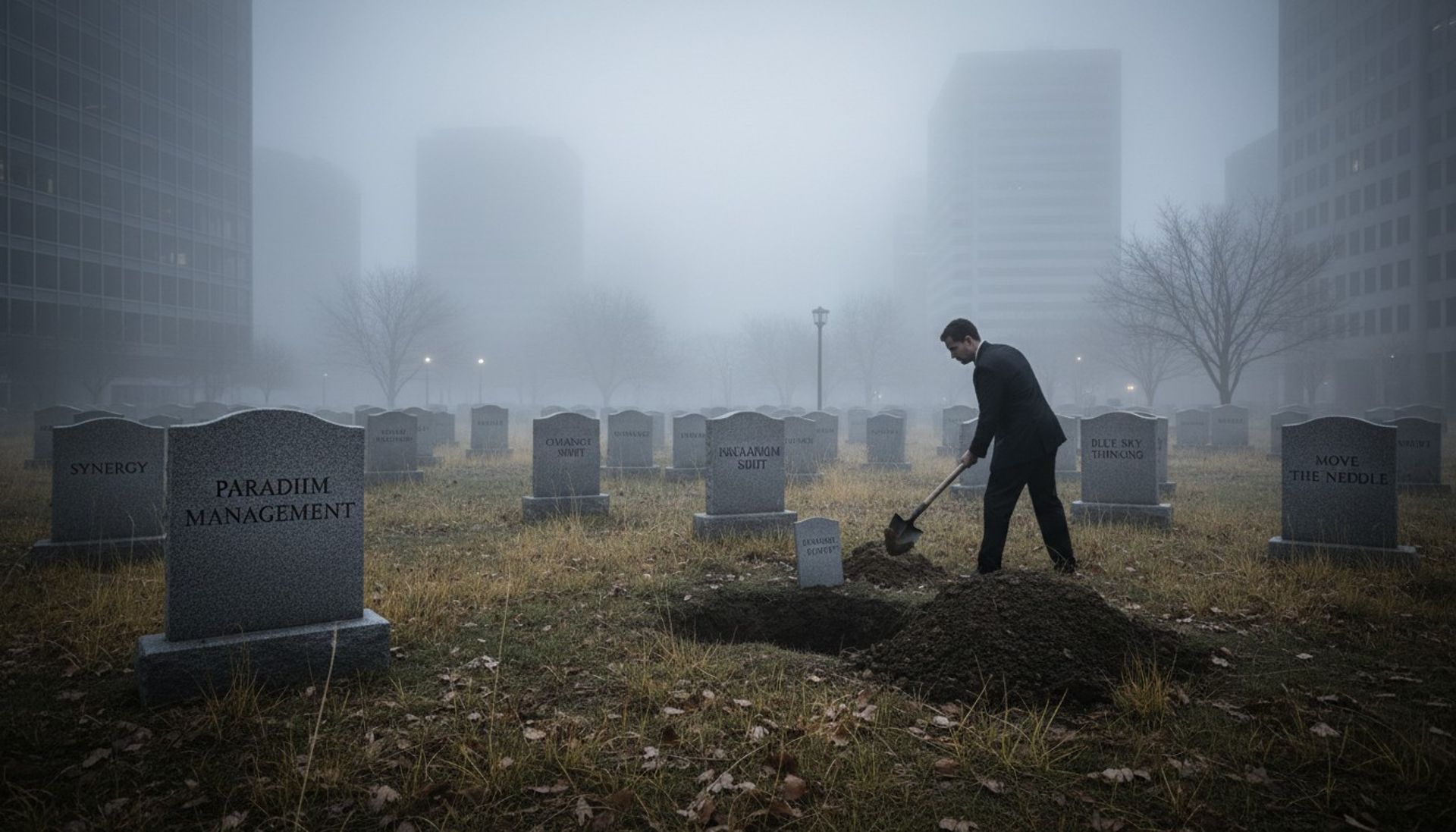 Corporate buzzword graveyard symbolizing the death of change management rhetoric