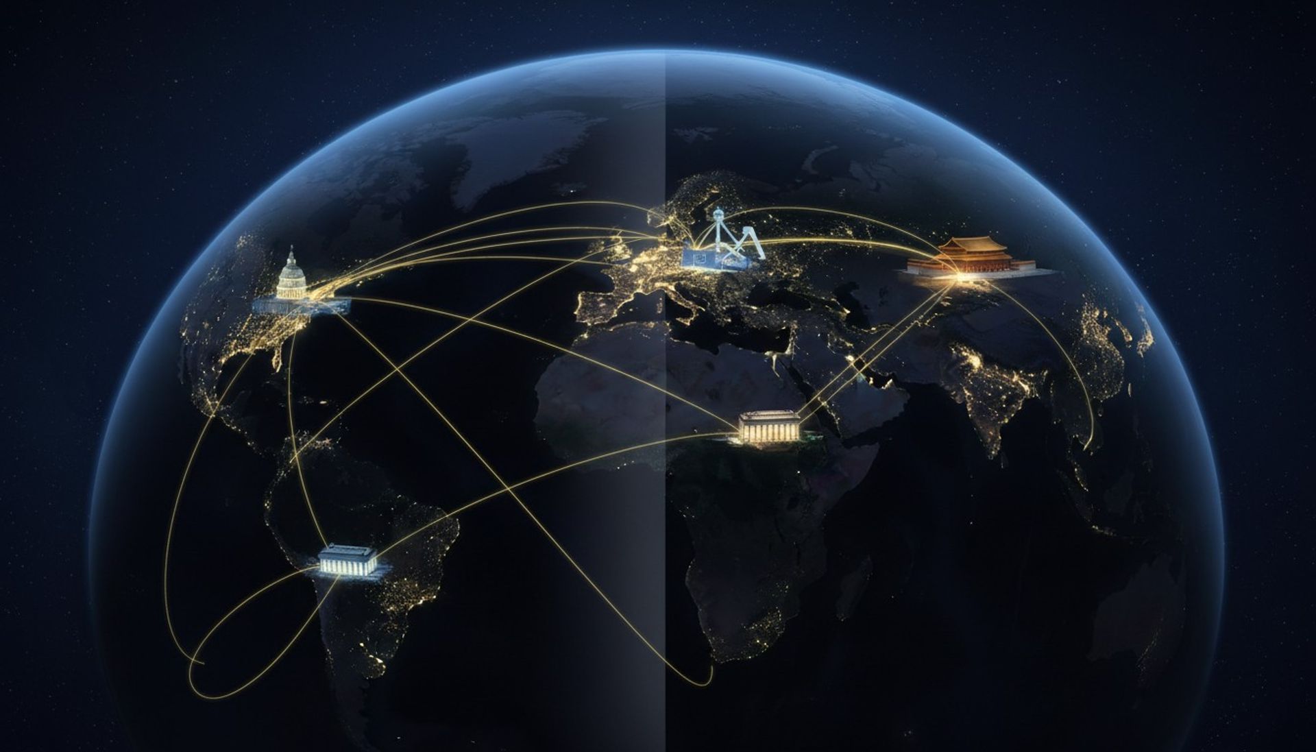 Global capitals connected by light trails representing parallel governance experiments
