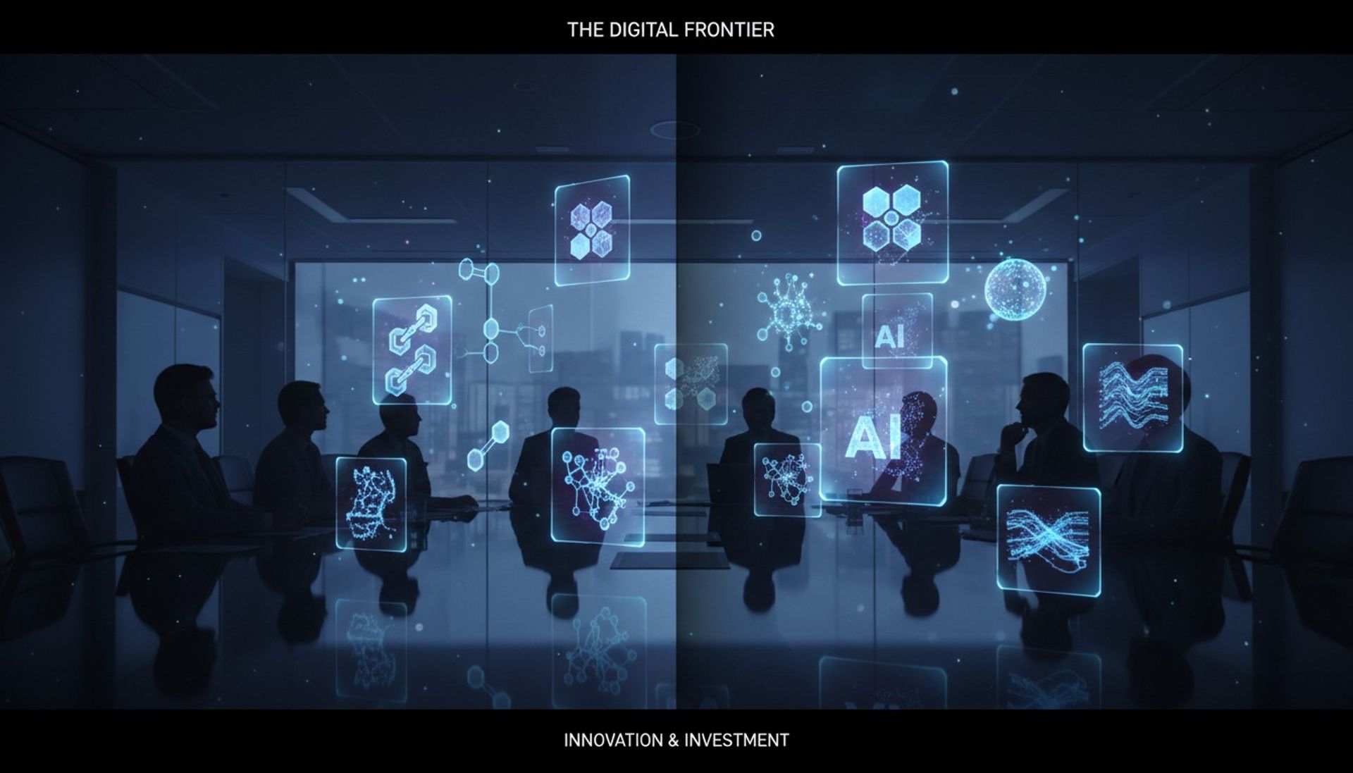 Digital hype technologies - blockchain, AI, ML, quantum computing visualized as holographic icons