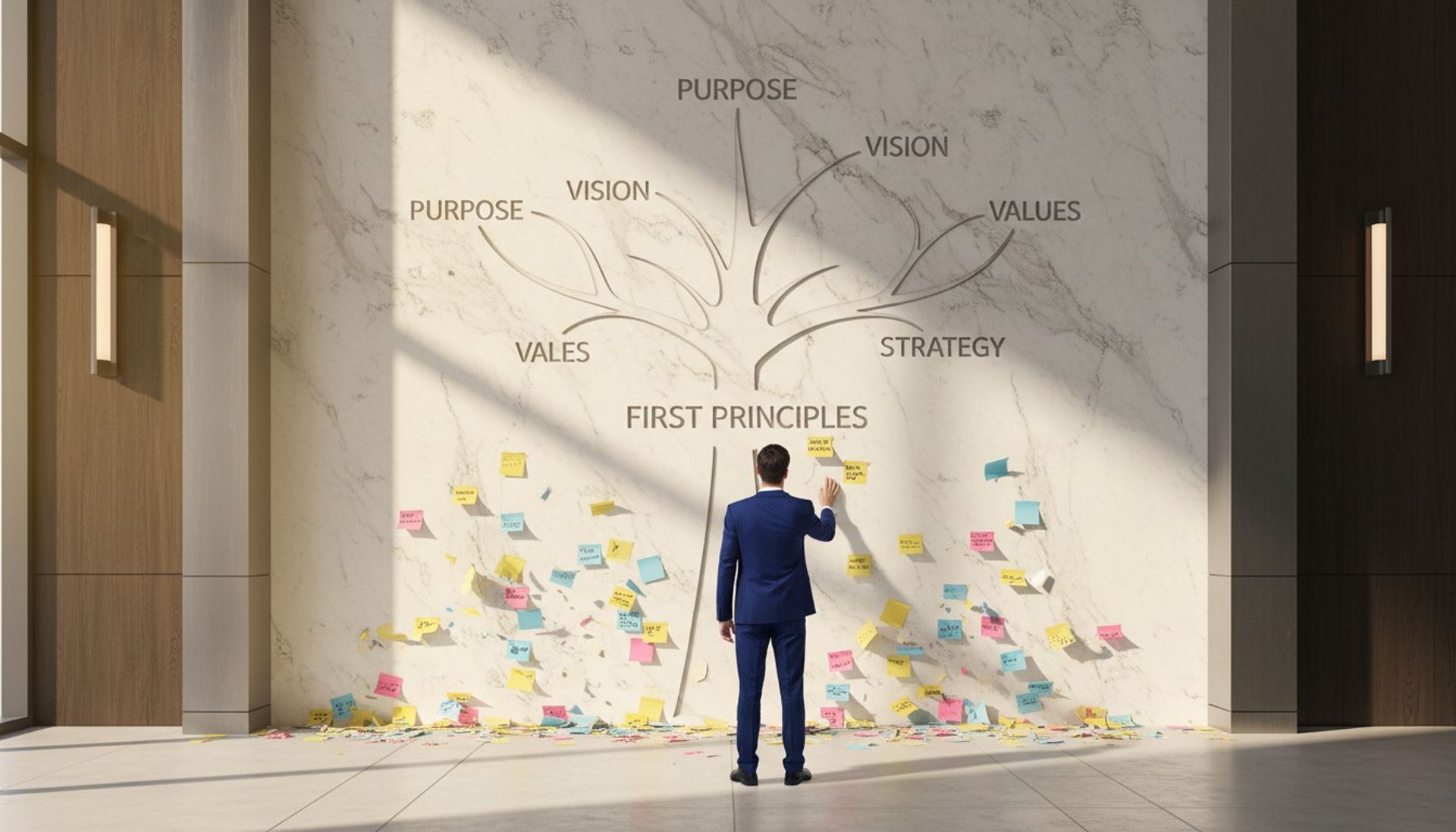 Executive studying first principles carved in marble while narratives crumble