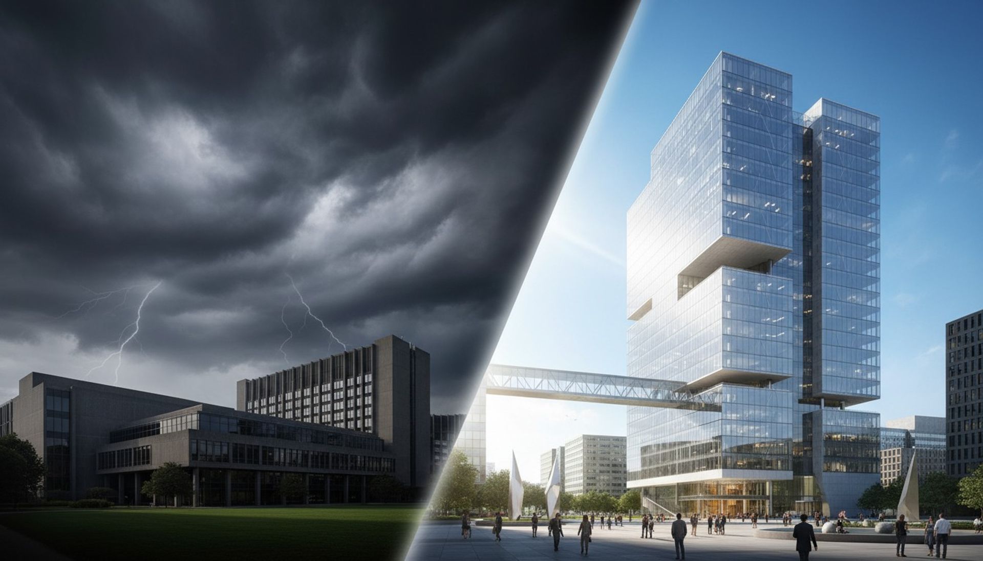 Two corporate headquarters buildings under transitioning skies representing transformation