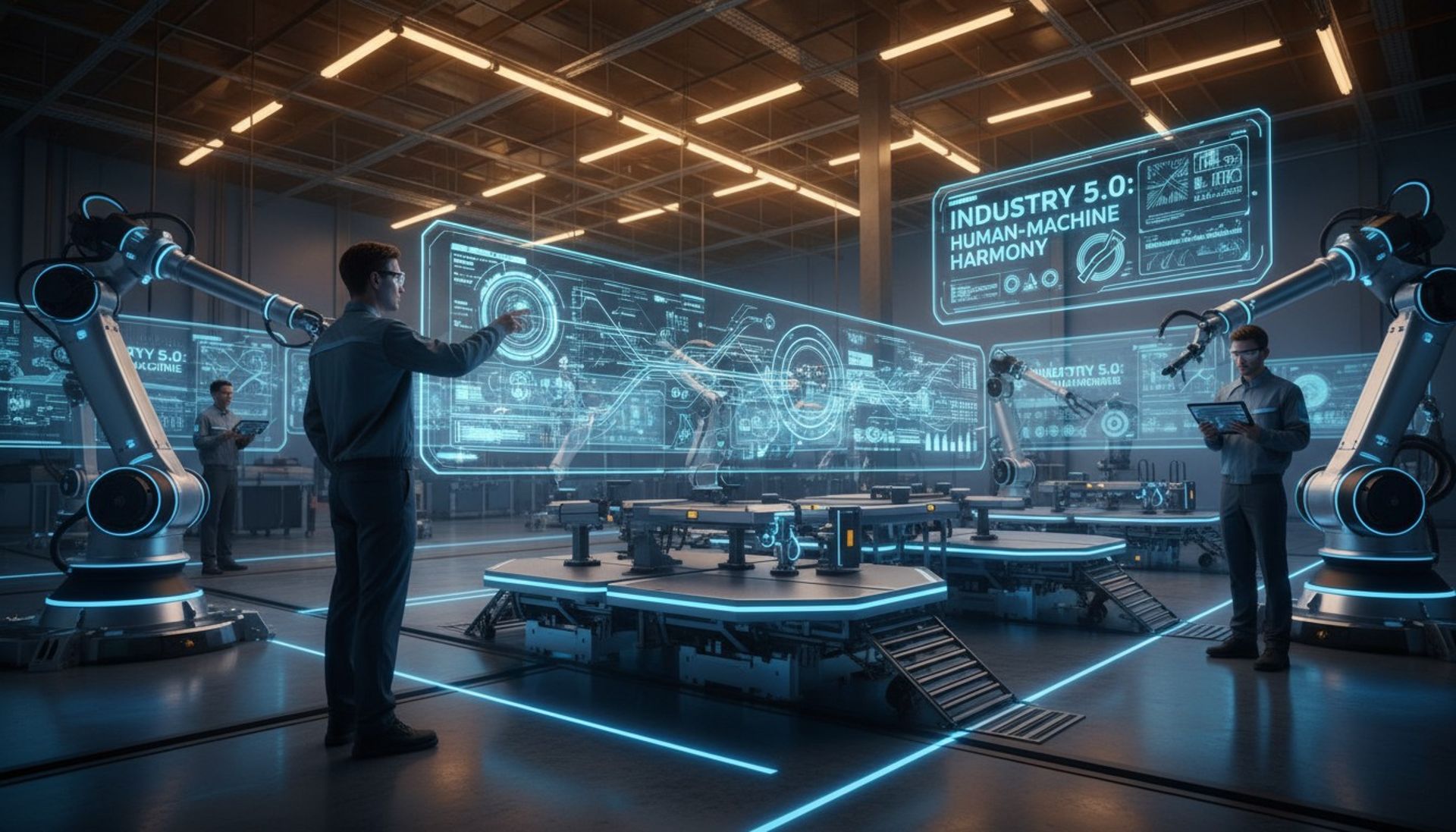 Industry 5.0 smart factory with humans and robots collaborating adaptively