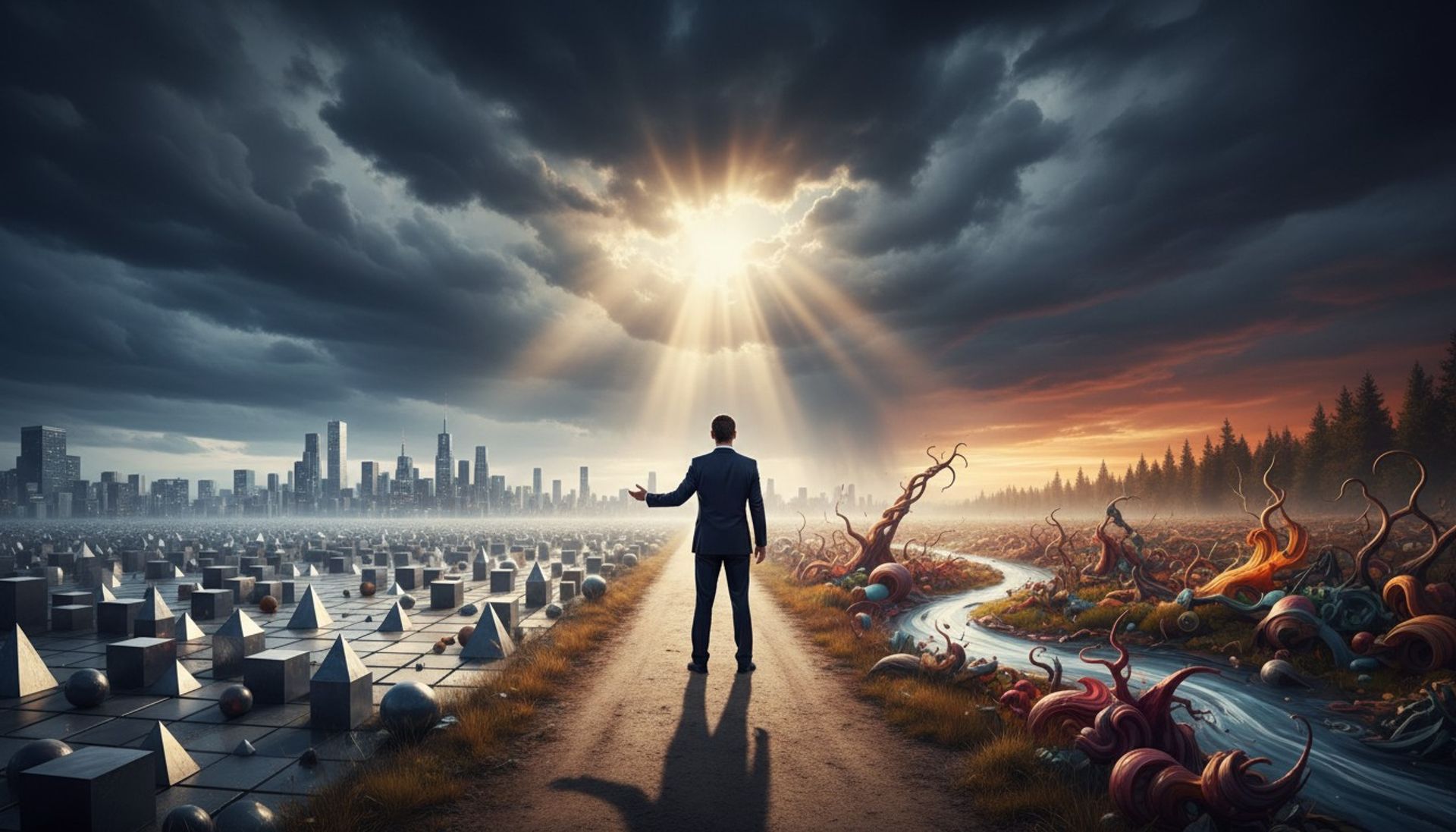 Leader at crossroads between order and chaos representing paradox in leadership