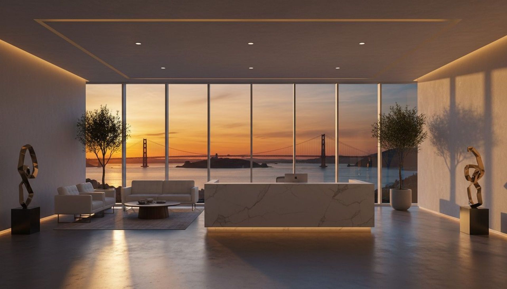 BayLife Ventures contact hero - modern office lobby overlooking Bay Area waterfront