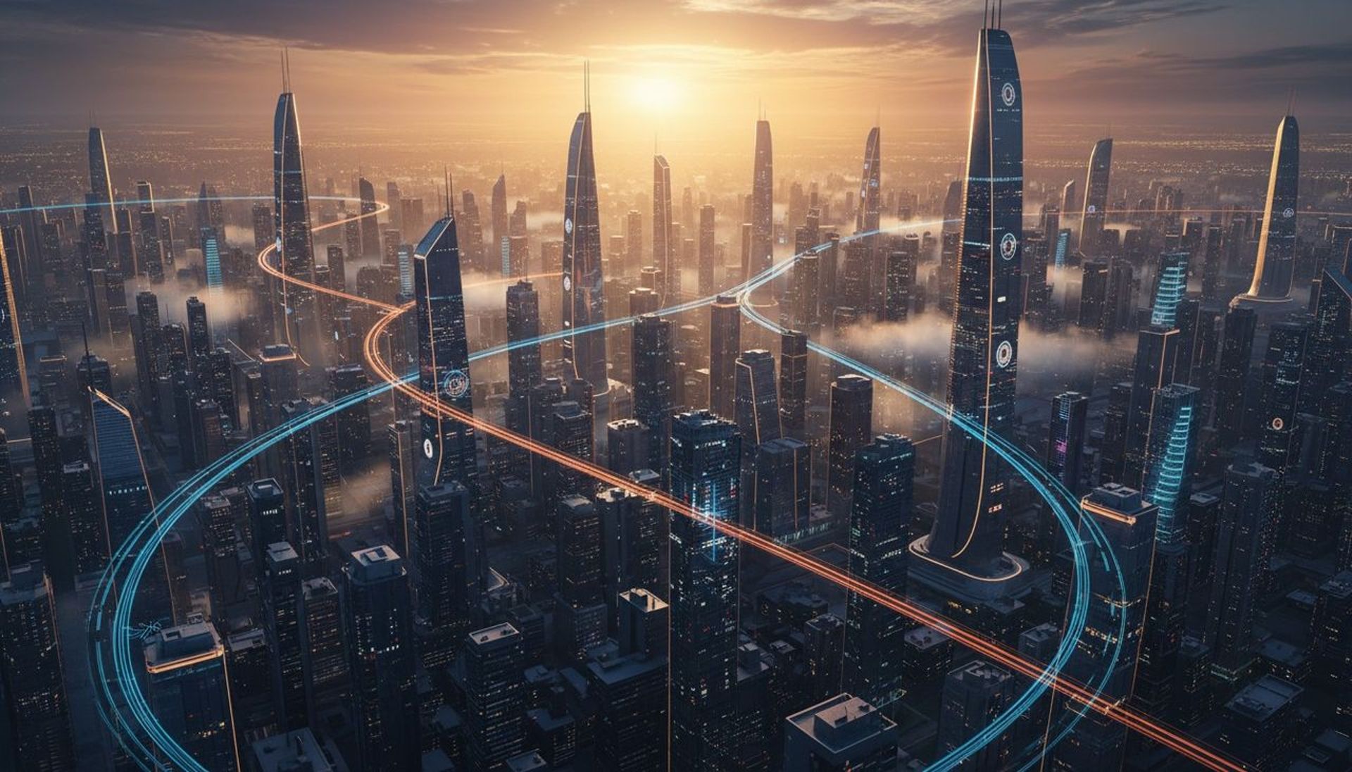 BayLife Ventures home hero - futuristic city at golden hour